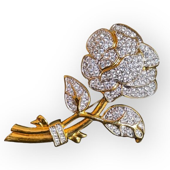 NOLAN MILLER Glamour Collection Pave Rose Pin Brooch Gold Tone w/Box - Picture 3 of 5